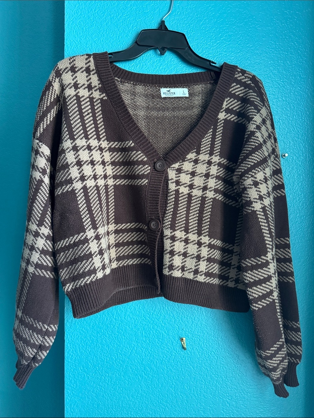 Hollister Brown and Cream Plaid V‑Neck Button Cardigan